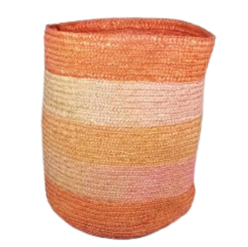 Pink Orange Stripe Woven Storage Basket 13.5"H. 12"W